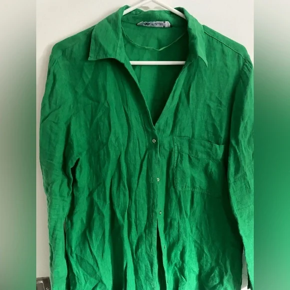 Zara Long Sleeve Button Down Green Blouse Woman’s Size Large - Picture 2 of 11